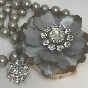 Hand-Painted Silver Floral Pendant Necklace with Crystal Embellishments N…